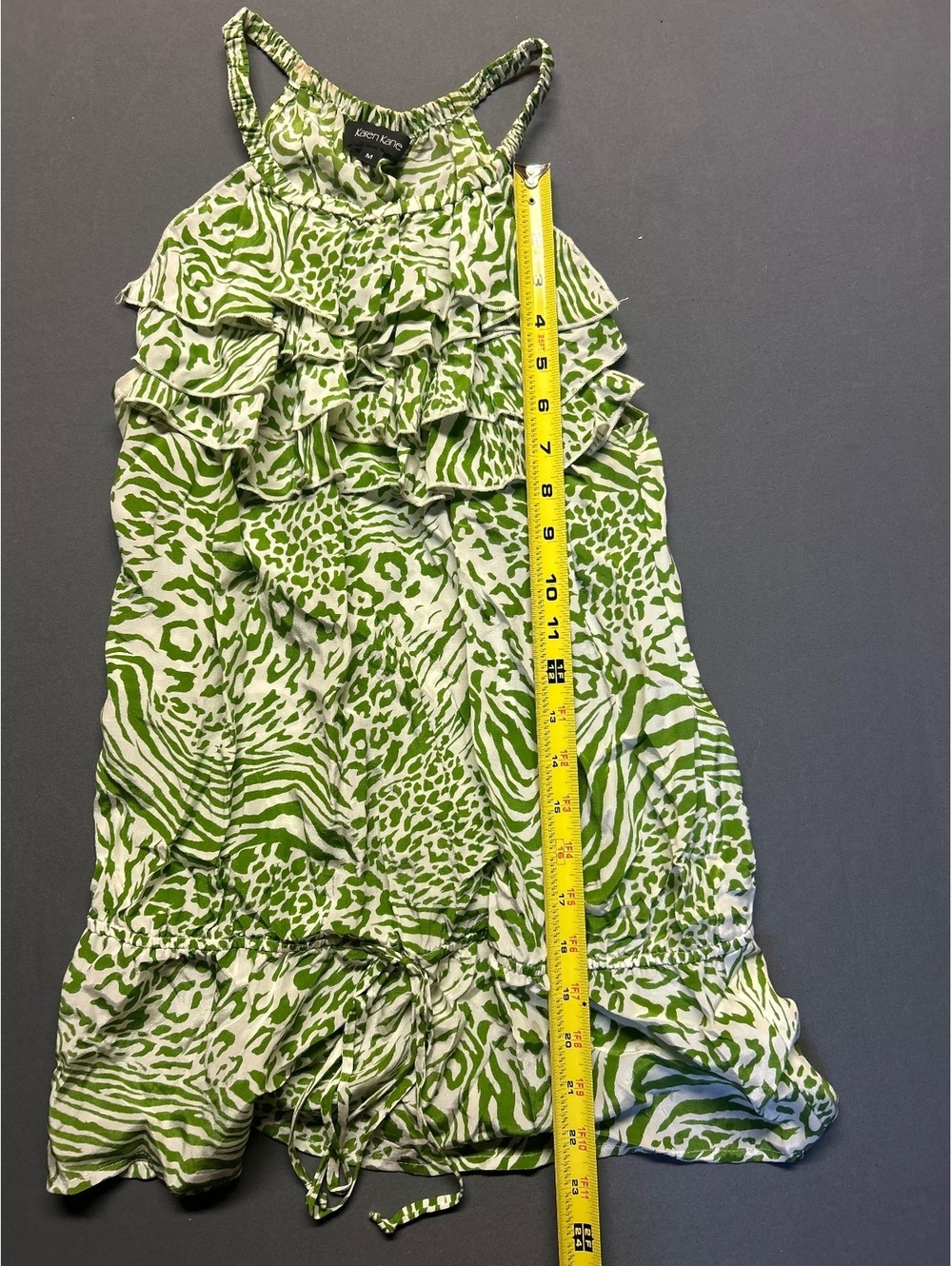 Karen Kane Green and White Animal Print Ruffle Dress Medium